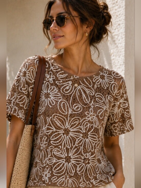 Solitaire Tops - Solitaire Taupe Crochet Floral Short Sleeve Top